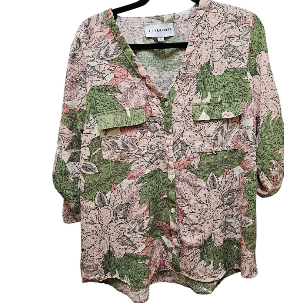 Alex & Parker Floral Print Blouse Button Down Shirt Relaxed Fit Pink Green Sz L
